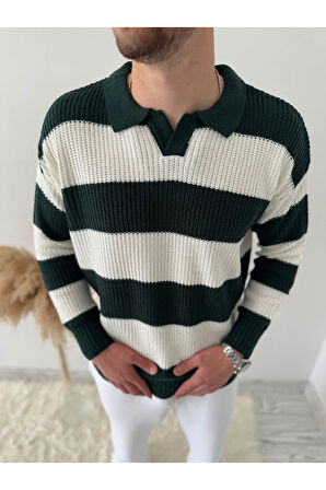 RAHAT KALIP ERKEK POLO YAKA ÇİZGİLİ TRİKO KAZAK