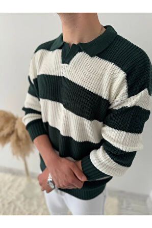 RAHAT KALIP ERKEK POLO YAKA ÇİZGİLİ TRİKO KAZAK