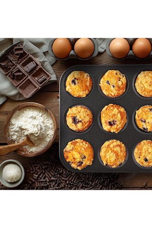 12 Bölmeli Yapışmaz Muffin Kalıbı | Metal Cupcake, Mini Kek, Tart ve Kiş Fırın Tepsisi | Dayanıklı Fırın Kalıbı