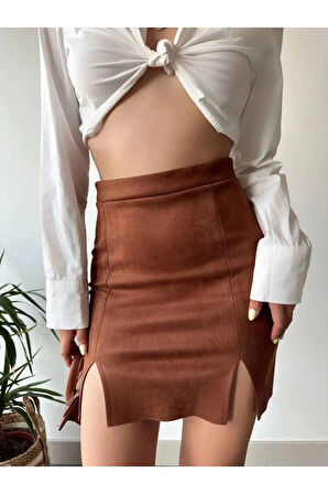 Taba Süet Etek - Çift Yırtmaçlı