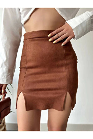 Taba Süet Etek - Çift Yırtmaçlı