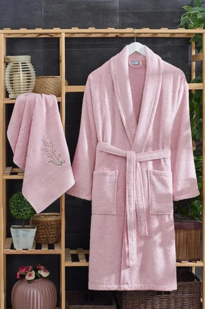 4 Parça Aile Bornoz Seti Kadın Erkek Havlulu Bornoz Takımı 100 Pembe Gri