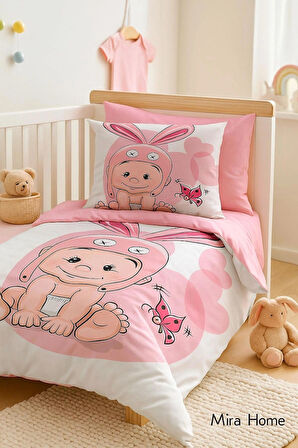 Yenidoğan Kız Bebek Nevresim Takımı &amp;#37;100 Pamuklu Tavşan Kulak