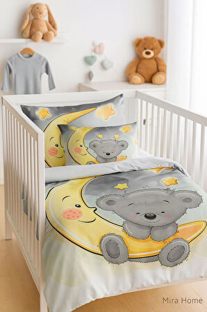 Yenidoğan Kız / Erkek Unisex Bebek Nevresim Takımı &amp;#37;100 Pamuklu Aydaki Ayıcık