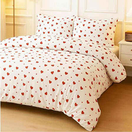 Kırmızı Kalpli Çift Kişilik Nevresim Takımı Pamuklu 160x200 Cm