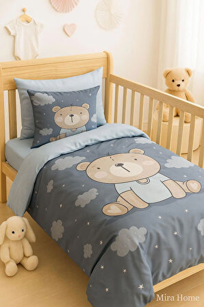 Dijital Baskılı 3d Pamuklu Yenidoğan Bebek Nevresim Takımı Blue Bear