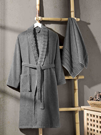 AquaLoom Lüx Erkek Bornoz ve Havlu Seti &amp;#37;100 Pamuklu Antrasit