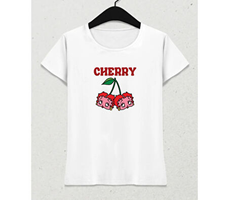 Crimson Cherry Vibes – Feminine Fit T-Shirt Beyaz