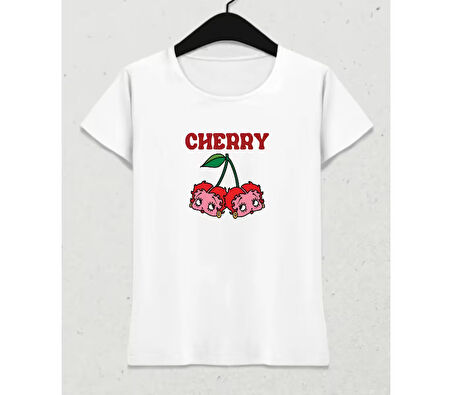 Crimson Cherry Vibes – Feminine Fit T-Shirt Beyaz