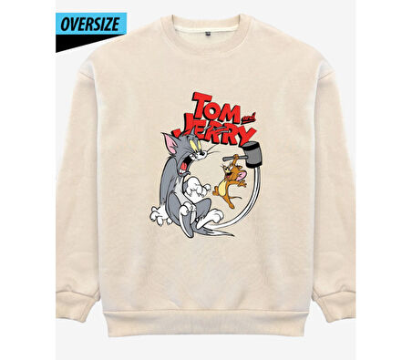 Tom & Jerry Oversized Sweatshirt – Bitmeyen Kovalamaca Başlasın! Bej