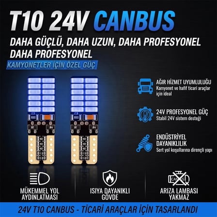 24 Ledli Dipsiz T10 Park Ampulü Mavi Işık (2 Adet) 24 Volt