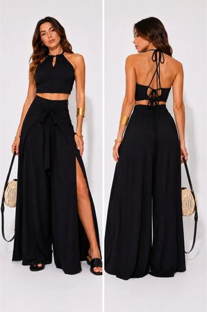 Crop Bluz Sırtı Bağlamalı ve Bol Paça Pantolon Takım Aerobin Kumaş - 62373