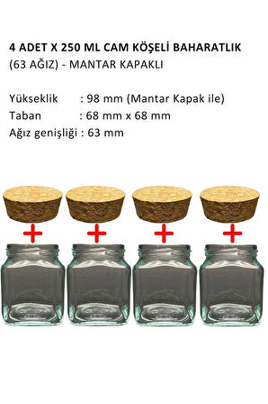 4 Adet x 250 ml Cam Köşeli Baharatlık - Mantar Kapaklı