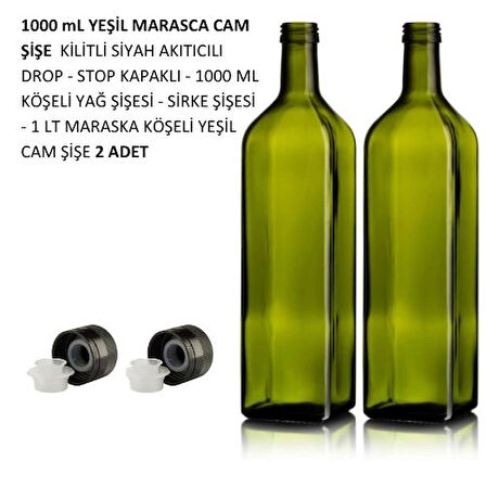 Handelika Yeşil Maraska Yağdanlık Kapaklı 1000 ml Köşeli Cam Şişe 2 Adet