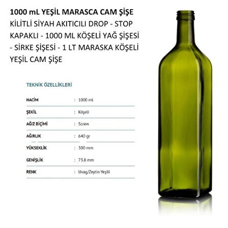 Handelika Yeşil Maraska Yağdanlık Kapaklı 1000 ml Köşeli Cam Şişe 2 Adet