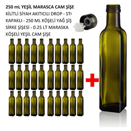 30 ADET Handelika 250 ml Yeşil Maraska Cam Şişe-Sosluk-Sirkelik-Yağdanlık