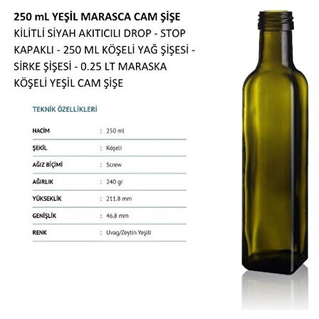 30 ADET Handelika 250 ml Yeşil Maraska Cam Şişe-Sosluk-Sirkelik-Yağdanlık