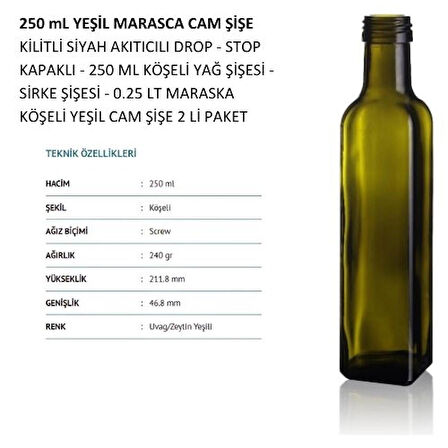  2 ADET Handelika 250 ml Yeşil Maraska Cam Şişe-Sosluk-Sirkelik-Yağdanlık