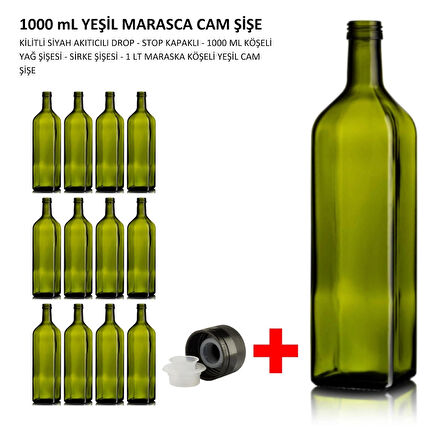 12 Adet X Handelika Yeşil Maraska Yağdanlık Kapaklı 1000 ml Köşeli Cam Şişe 