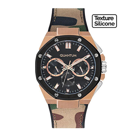 Quantum HNG921.855 Erkek Kol Saati | Kamuflaj Desenli Kayış, Gun-Rose Kasa, Sportif Multifonksiyon