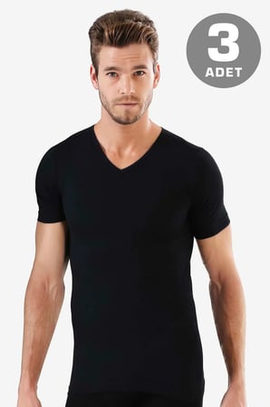 Premium Yazlık Ferah Spor Giyim Erkek V Yaka Kısa Kollu Fanila Siyah 3'lü Set