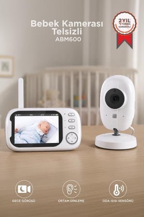 Delux Serisi Gözlem Yatak Bebek Kamerası Telsiz Monitörlü ABM600 Beyaz