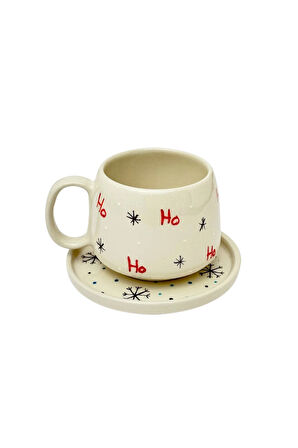HO HO HO Tabaklı Double El Yapımı Seramik Kupa, Seramik, Double Türk Kahvesi, Nescafe Fincanı