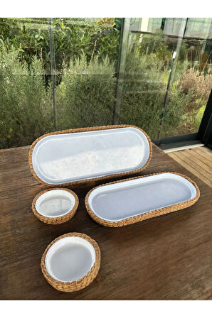 4 ’lü Melamin Hasır Görünümlü Servis ve Sunum Seti – Şık Masa Sunumları İçin - Kahverengi