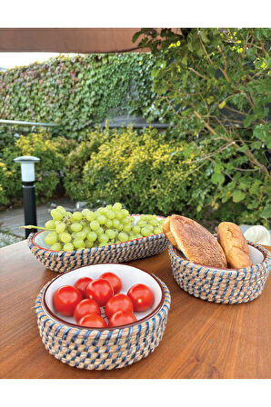 Kiraz Desenli Hasır Görünümlü 3’lü Sunum Seti – Leke Tutmaz- El Yapımı, Şık Sofra Takımı