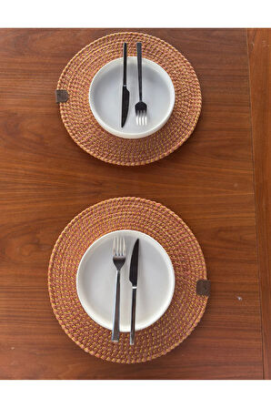 Hasır Görünümlü 2'li Amerikan Servis-Leke Tutmaz Turuncu 33 x 33 cm