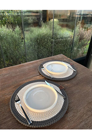 2 Kişilik Yuvarlak Amerikan Servis Leke Tutmaz - Supla Beyaz/ Antrasit 33x33 Cm