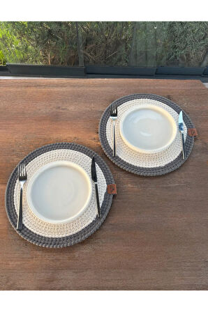 2 Kişilik Yuvarlak Amerikan Servis Leke Tutmaz - Supla Beyaz/ Antrasit 33x33 Cm