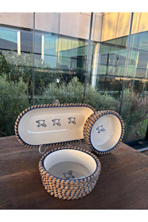 Mavi Kuş Desenli Hasır Görünümlü 3’lü Sunum Seti – Doğal ve Dekoratif Sunum Takımı