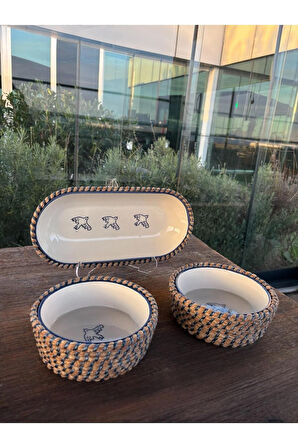 Mavi Kuş Desenli Hasır Görünümlü 3’lü Sunum Seti – Doğal ve Dekoratif Sunum Takımı