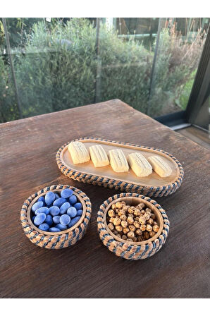 Hasır Görünümlü 3’lü Bambudan Sunum Seti – Doğal ve Şık Sofra Takımı