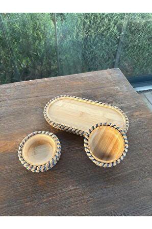 Hasır Görünümlü 3’lü Bambudan Sunum Seti – Doğal ve Şık Sofra Takımı