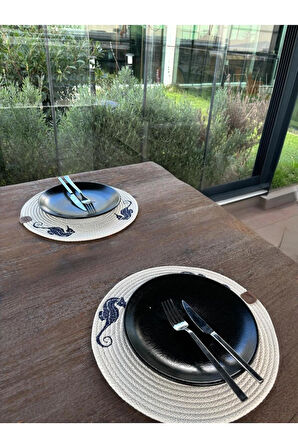 2'li Set Deniz Atı İşlemeli Amerikan Servis-Leke Tutmaz Natural 33 cm