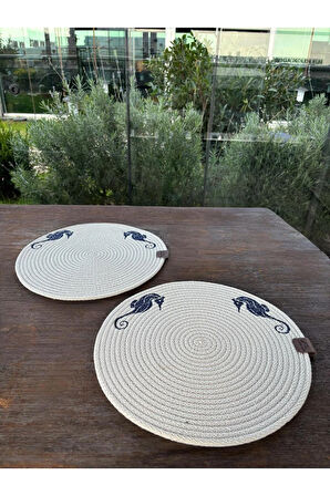 2'li Set Deniz Atı İşlemeli Amerikan Servis-Leke Tutmaz Natural 33 cm