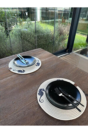 2'li Set Deniz Atı İşlemeli Amerikan Servis-Leke Tutmaz Natural 33 cm