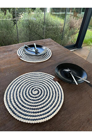 2 Kişilik Yuvarlak Amerikan Servis Leke Tutmaz - Supla Çizgili Mavi 33x33 Cm