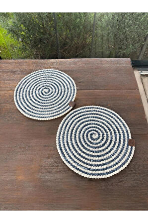 2 Kişilik Yuvarlak Amerikan Servis Leke Tutmaz - Supla Çizgili Mavi 33x33 Cm