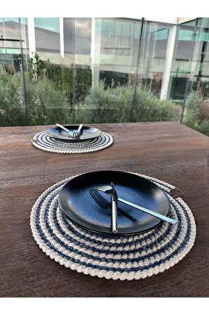 2 Kişilik Yuvarlak Amerikan Servis Leke Tutmaz - Supla Çizgili Mavi 33x33 Cm