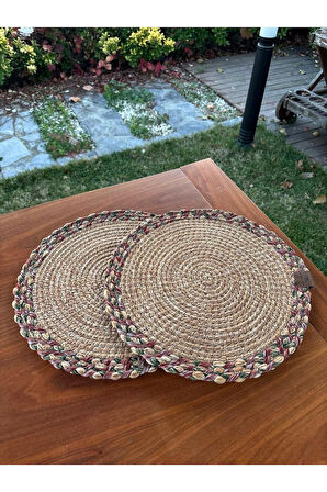 Natural Tarz Yeşil Kırmızı Renk Yuvarlak 2’li Supla Seti – Şık Masa Sunumları İçin – 33x33 Cm