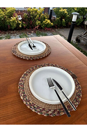 Natural Tarz Yeşil Kırmızı Renk Yuvarlak 2’li Supla Seti – Şık Masa Sunumları İçin – 33x33 Cm