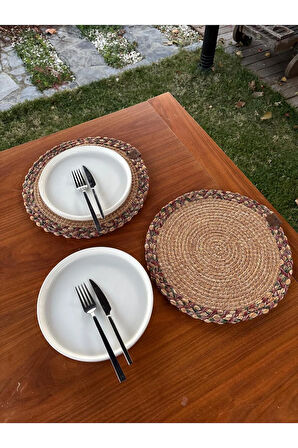 Natural Tarz Yeşil Kırmızı Renk Yuvarlak 2’li Supla Seti – Şık Masa Sunumları İçin – 33x33 Cm