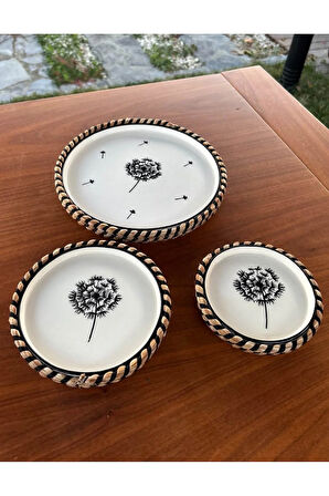 Karahindiba Çiçek Desenli Hasır Görünümlü Sunum Seti – Siyah Renk – 3 Parça El Yapımı Sofra Takımı