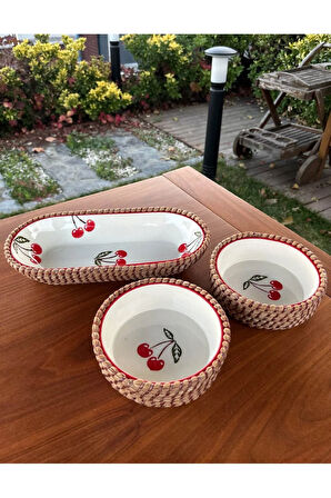 Kiraz Desenli Hasır Görünümlü 3’lü Sunum Seti – Doğal ve Dekoratif Sunum Takımı – Kırmızı Renk
