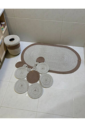 Banyo Seti 3'lü El Yapımı Örgü Paspas (60x100 cm) & Yuvarlak Çöp Kovası Seti | Leke Tutmaz