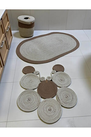 Banyo Seti 3'lü El Yapımı Örgü Paspas (60x100 cm) & Yuvarlak Çöp Kovası Seti | Leke Tutmaz