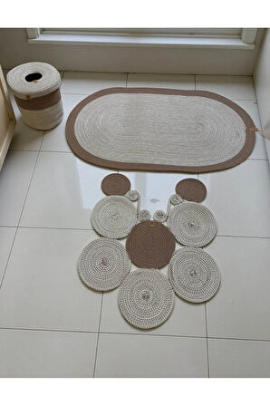 Banyo Seti 3'lü El Yapımı Örgü Paspas (60x100 cm) & Yuvarlak Çöp Kovası Seti | Leke Tutmaz